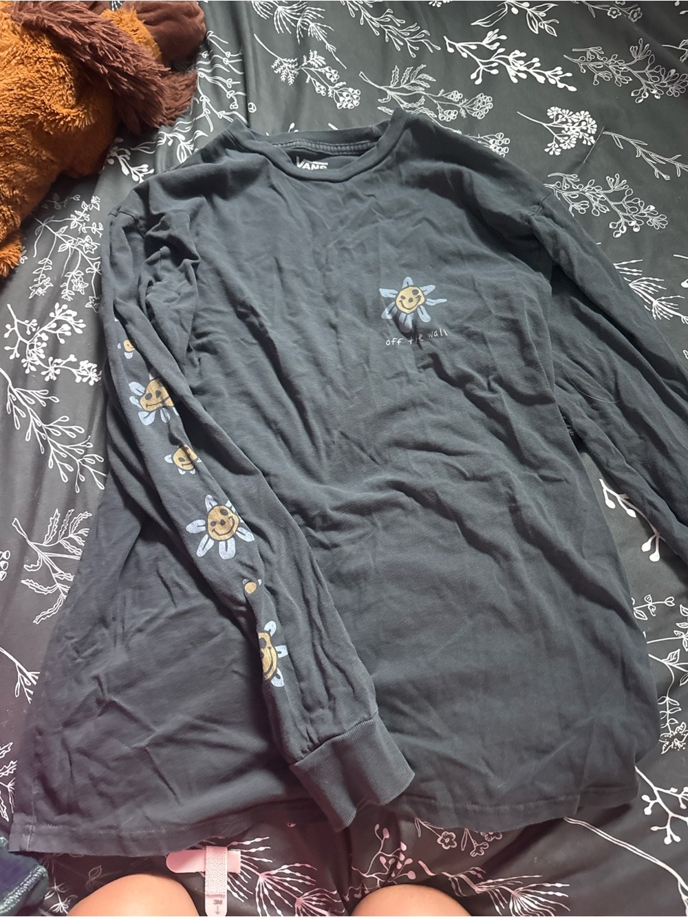 Vans Black Long-Sleeve Tee with Smiling Sunflower Graphics